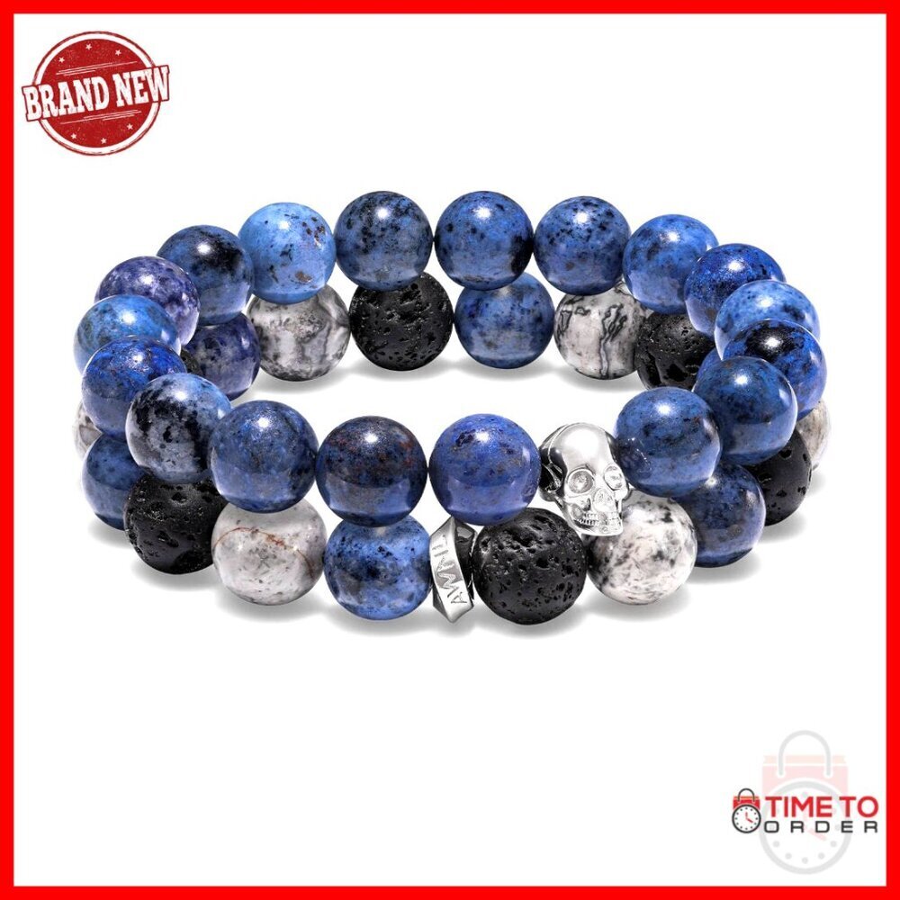 Men's Sterling Silver Skull Charm Bracelet with Natural Gemstones, Adjustable